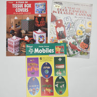 Mobiles, Tissue Box Covers + Door Hangers Plastic Canvas Needlepoint Booklets - Set of 3