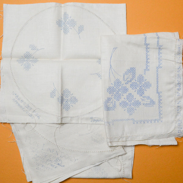 Floral Cross Stitch Print Linen TV Scarf + Doilies, Stamped to Embroider - Set of 5