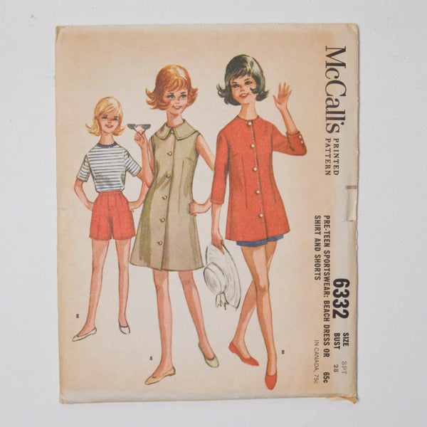 McCall's 6332 Pre-Teen Sportswear Beach Dress or Shirt + Shorts Sewing Pattern