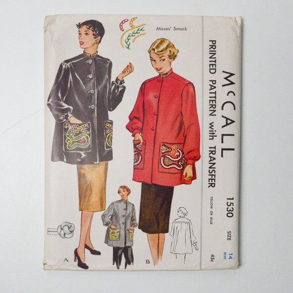 McCall's 1530 Jacket Smock Sewing Pattern with Embroidery Transfers - Size 14