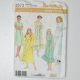 Simplicity 3573 Nightgown, Pajamas + Robe Sewing Pattern Size AA (XS-M)