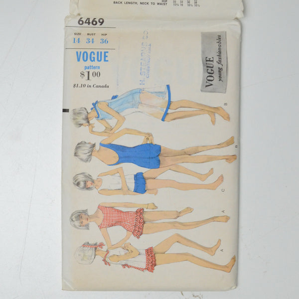 Vogue 6469 Swim Suits, Cover Up + Beach Hat Sewing Pattern Size 14