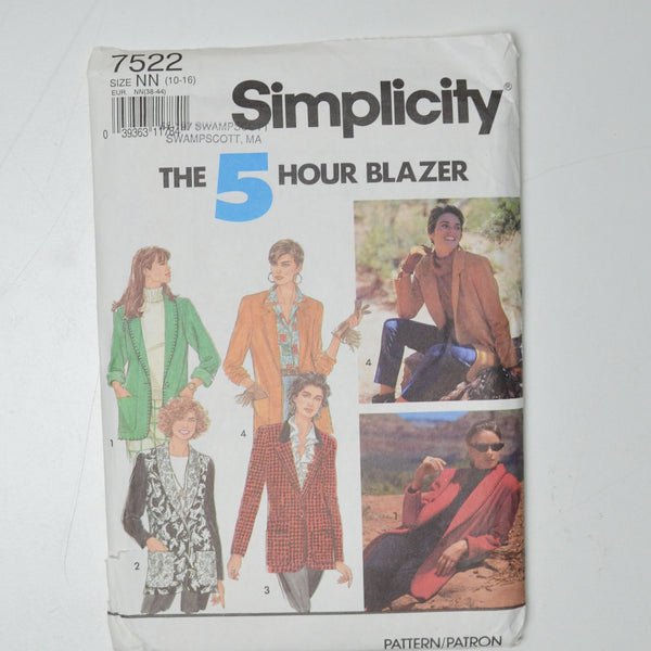 Simplicity 7522 Jacket with Shawl or Notched Collar Sewing Pattern Size NN (10-16)