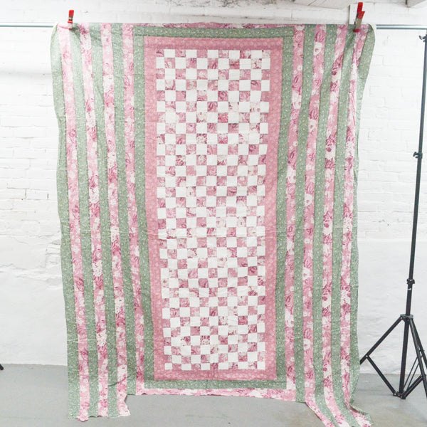 Pink, Green + White Floral Pieced Stripes +  Checkers Quilt Top - 74" x 92"