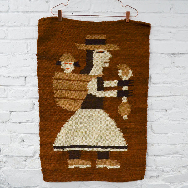 Brown Woman + Child Woven Wool Tapestry or Rug