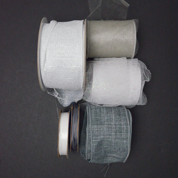 White + Gray Sparkly + Tulle Ribbon Bundle - 6 Spools