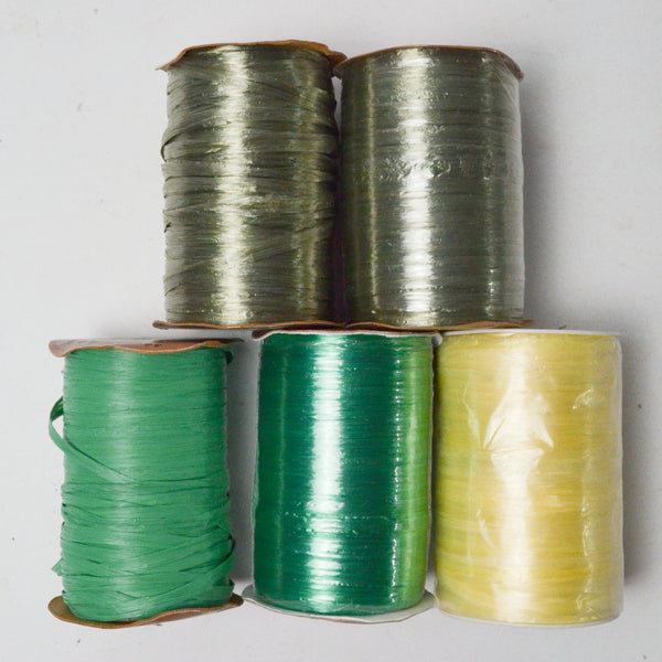 Green + Yellow Wraphia Imitation Raffia Pearlized + Matte Ribbon - 5 Spools