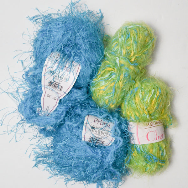 Blue + Green Nylon Eyelash Yarn - 4 Skeins