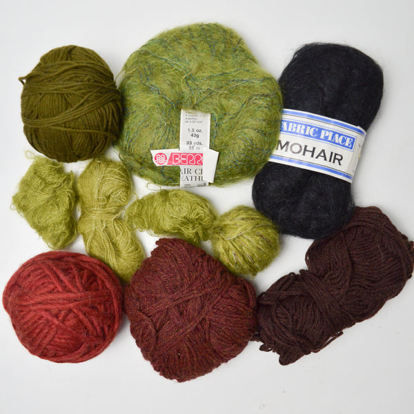 Green, Red + Black Mohair, Wool + Cotton Textured Yarn Bundle - 10 Balls