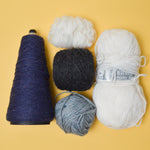 Black, White, Gray + Blue Wool + Mohair Blend Yarn Bundle - 5 Skeins